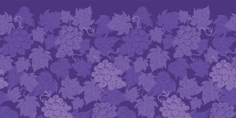 Vector faded texture purple monochrome grape vine illustration with leaves hand drawn horizontal border pattern. Perfect for invites and posters.