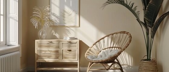 Bright and airy living room with bohemian decor, featuring a rattan chair, wooden furniture, and large potted plant beside a sunny window.