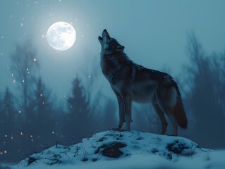 Naklejka premium Regal Wolf Howling at Moonlit Snowy Landscape
