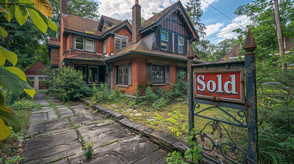 Obraz premium A classic, brick house with a “Sold” sign in the front yard, surrounded by lush greenery and a clear blue sky