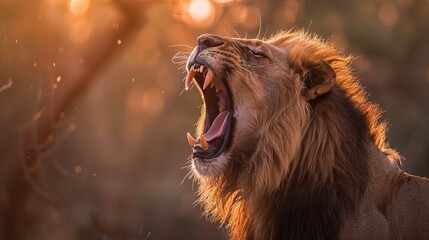 Naklejka premium Majestic lion roaring in the wild golden light of sunset highlighting its mane and strength