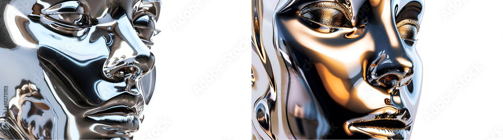 Wall mural Metallic Y2K abstract face isolated on white unique design Y2K metallic artistic concept