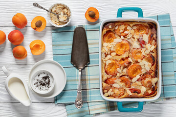 apricot clafoutis, apricot tart in a baking dish