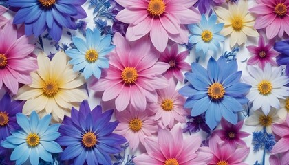 Fototapeta premium Intricate botanical pattern featuring a diverse array of flowers in shades of pink, purple, and yellow on a pure white surface
