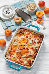 apricot clafoutis, apricot tart in a baking dish