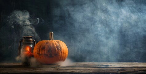 Halloween pumpkin and lantern on wooden table with smoke, dark background, copy space for text