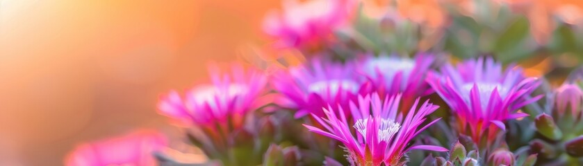 Close-up of vibrant pink and purple flowers in a garden with a warm, blurry background, showcasing nature's beauty and tranquility.
