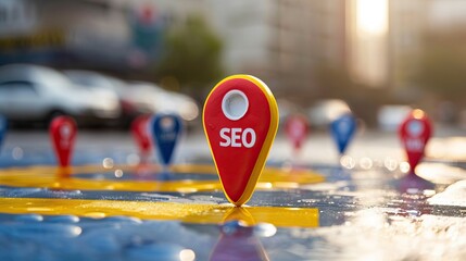 SEO location pin on city map digital marketing concept for business visibility and online presence