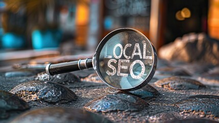 Magnifying glass with local SEO text outdoor scene digital marketing concept search engine optimization