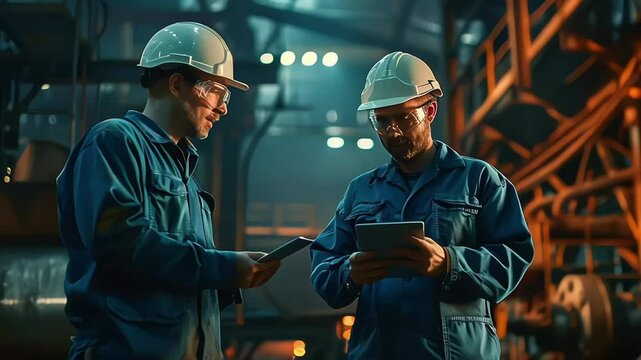 Two men engineer talking in modern factory. Production line machine and setting it for work