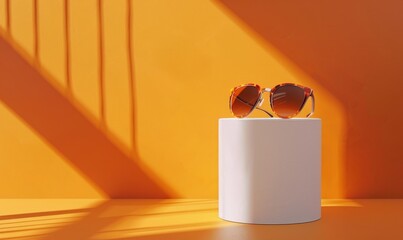 minimalist shadowplay product photography of sunglasses on white cylinder with orange background, featuring high resolution and details