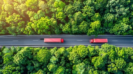 Drone view of hydrogen powered truck and car on forest highway   sustainable transport aerial shot