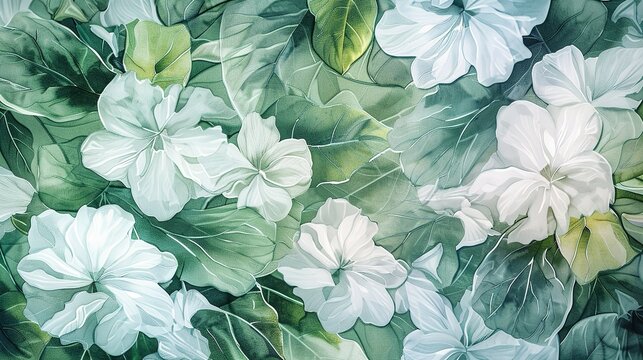 Watercolor-style white hibiscus flowers and emerald green leaves seamless pattern