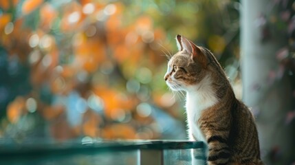 Domestic cat sitting on glass balcony with blurred background