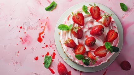 Delicious No Bake Cheesecake with Strawberries and Mint on Pink Surface