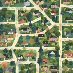 Fototapeta premium Illustrated Map of a Suburban Neighborhood With Houses and Trees