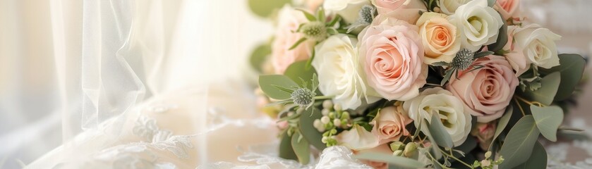 Obraz premium Elegant bridal bouquet of pink and white roses placed on a delicate lace wedding dress, capturing timeless romance and beauty.