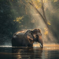 Elephant Bathing in Sunlight in Lush Tropical Forest