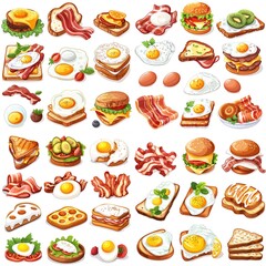 Breakfast Food and Drink Icon Set for Video Games Web Design App Software Objects, Culinary Objects, Restaurant Brunch Menu Items, Cute Bacon and Egg Meal Drawings, Farm Fresh Pork Meat Poultry 