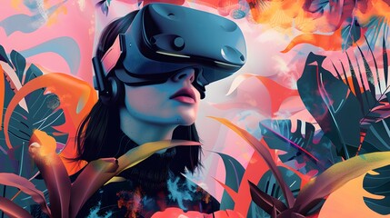 Artistic depiction of a young woman wearing VR goggles, surrounded by abstract digital landscapes and interactive elements, symbolizing the immersive nature of virtual reality experiences