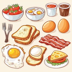Breakfast Food and Drink Icon Set for Video Games Web Design App Software Objects, Culinary Objects, Restaurant Brunch Menu Items, Cute Bacon and Egg Meal Drawings, Farm Fresh Pork Meat Poultry 