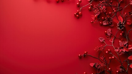 Fototapeta premium Creative christmas framei on red background. Xmas and New Year holiday, banner, postcard, invitation, celebration. Flat lay, top view