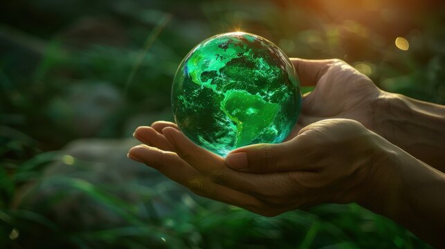 crystal earth in hands. green planet on hand. save of earth. environment concept for background web or world guardian organization.