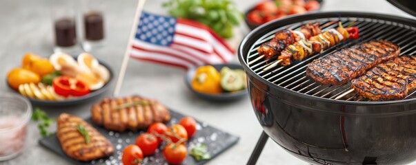 a barbecue grill with food and an American flag, Labor Day theme, vibrant digital painting, festive atmosphere, isolated on white background