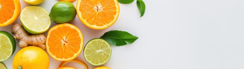 Fototapeta premium Fresh citrus fruits and leaves against a white background. High-quality image ideal for advertising, health, and food-related uses.