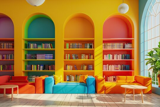 mockup colourfull school library room interior. 3D rendering