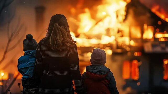 Family mother with children at burning house background