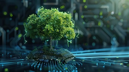 Green technology tree on digital circuit globe, blue wireframe theme