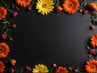 Fototapeta premium Flowers composition. Frame made of colorful flowers on black background. Flat lay, top view, copy space