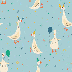 Birthday party background with funny geese. Seamless funny pattern with goose with birthday cap. Hand draw cute duck in doodle style. For textiles, clothing, bed linen, office supplies.