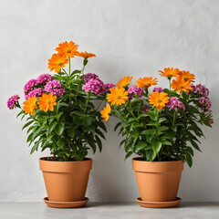 Beautiful marigold flowers in pots on table near white wall