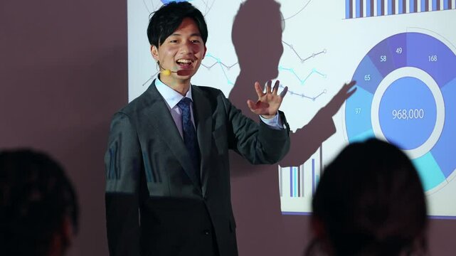 プロジェクターを使ってプレゼンテーションする男性