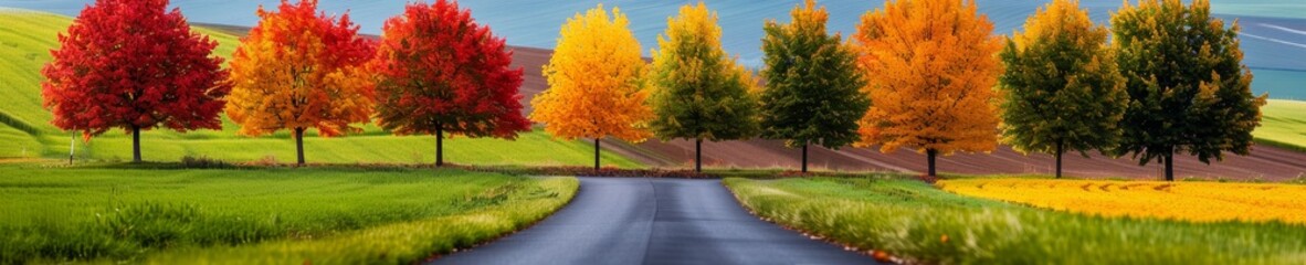 Naklejka premium colorful autumn trees along winding road in rural landscape.