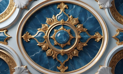 Obraz premium Blue marble wall with golden ornament. 