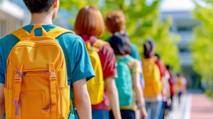 students line up with backpacks for school day - back to school education concept.