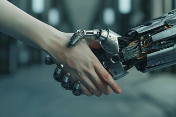 Human and robot hand shaking closeup symbolizes human-robot interaction concept