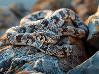 Obraz premium Cautious Snake Coiled in Defensive Spiral on Rocky Outcrop