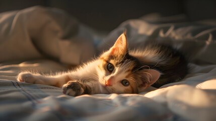 Obraz premium Calico Kitten's Cozy Morning Routine: A Glimpse of Soft Morning Light and Playful Paws