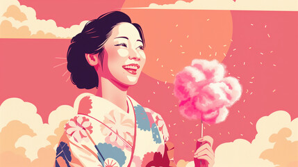 Woman in yukata with cotton candy wallpaper background
