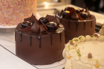 Classic chocolate biscuit cake with white whipped butter cream