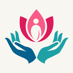 Love Human Hand Yoga Logo Template Design With Lotus Flower Symbol Vector Art Illustration