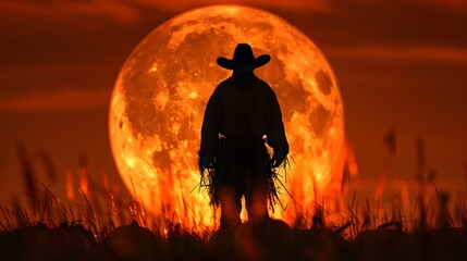 Dark silhouette of a scarecrow against a harvest moon, surrounded by a field of pumpkins