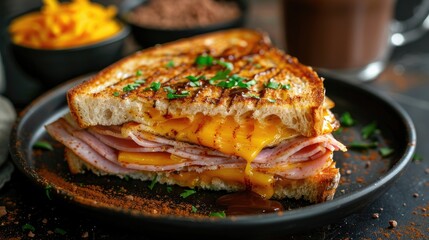 A delicious ham and cheese sandwich with melted cheese, served on a plate.