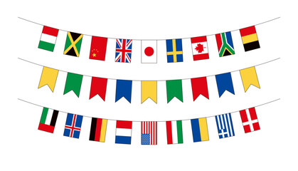 世界各国の国旗バナーと、カラフルなガーランドのイラストセット。主線ありの連なった国際旗。
