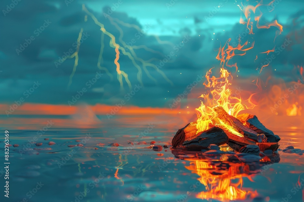 Wall mural a fire is burning on a pile of rocks in the water