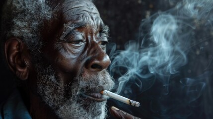 Old African American man smoking a cigarette in a dark background. Black people